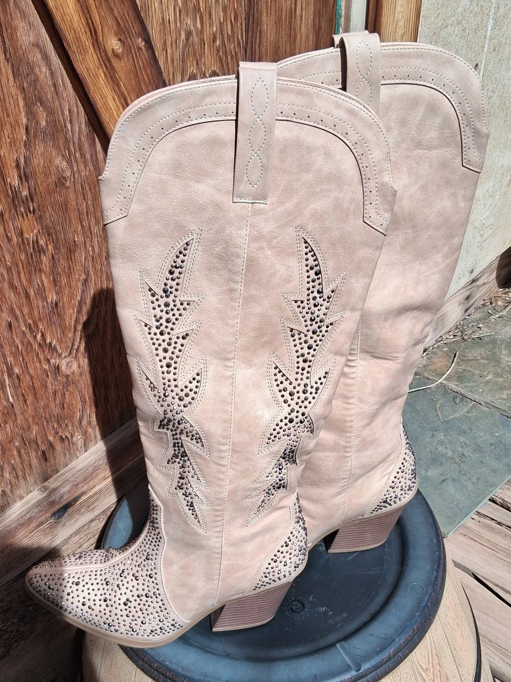 Sugar Beige Studded Knee-High Western Boots